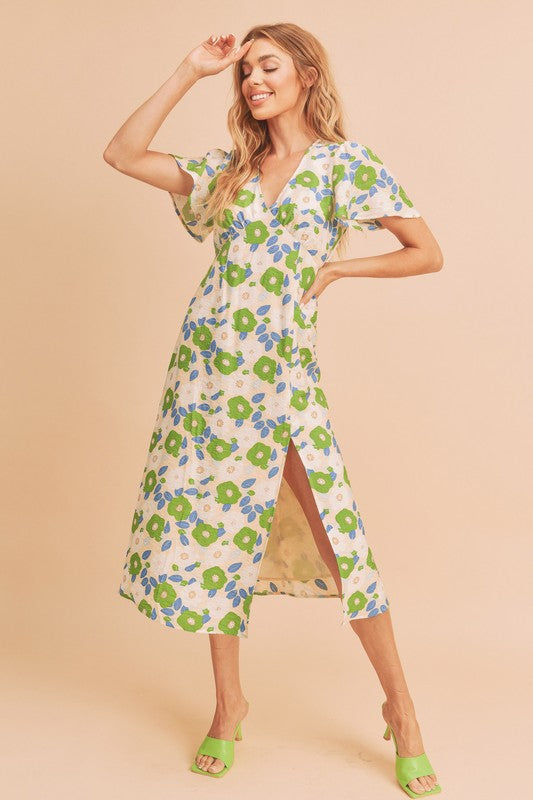 AEMI & Co. Casual Fun Floral Midi Dress with Front Split - Inessa Dress