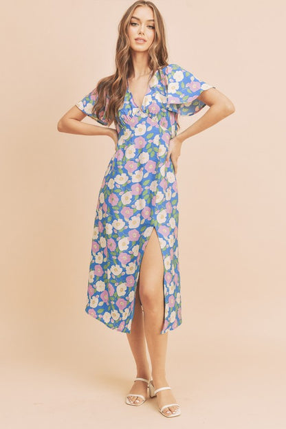 AEMI & Co. Casual Fun Floral Midi Dress with Front Split - Inessa Dress