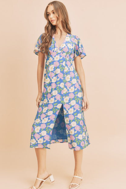 AEMI & Co. Casual Fun Floral Midi Dress with Front Split - Inessa Dress