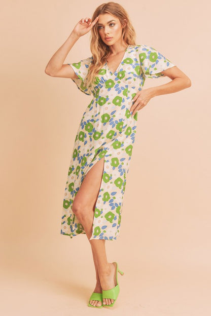 AEMI & Co. Casual Fun Floral Midi Dress with Front Split - Inessa Dress