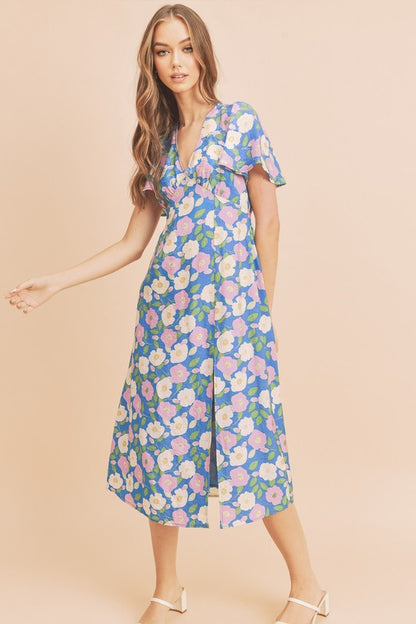 AEMI & Co. Casual Fun Floral Midi Dress with Front Split - Inessa Dress