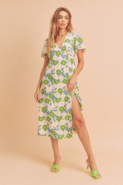 AEMI & Co. Casual Fun Floral Midi Dress with Front Split - Inessa Dress