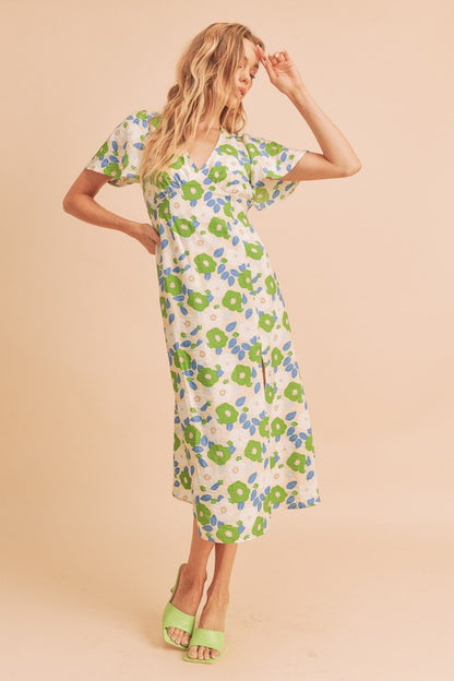 AEMI & Co. Casual Fun Floral Midi Dress with Front Split - Inessa Dress