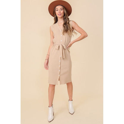 LUMIERE V Neck Sleeveless Knee Length Dress with Waist Tie