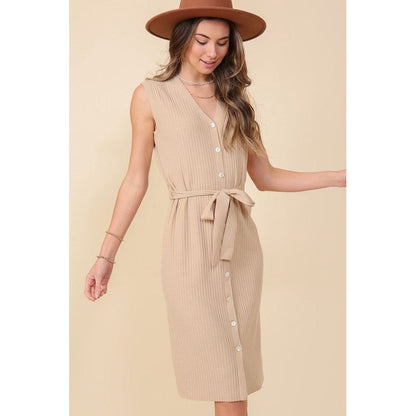 LUMIERE V Neck Sleeveless Knee Length Dress with Waist Tie