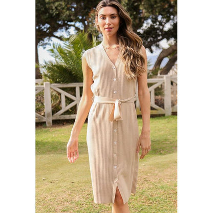 LUMIERE V Neck Sleeveless Knee Length Dress with Waist Tie