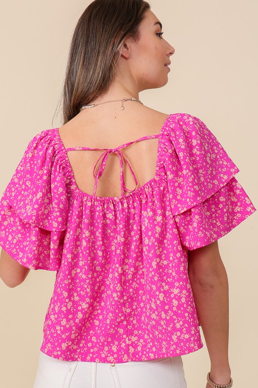 LUMIERE Fuchsia Smocked Square Neck Floral Top with Tie back