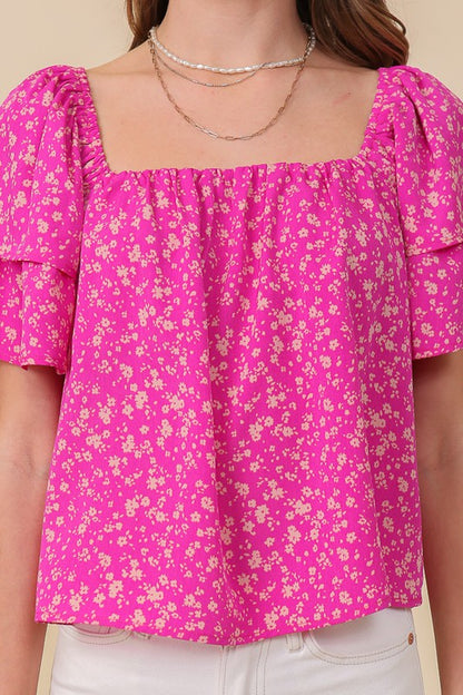 LUMIERE Fuchsia Smocked Square Neck Floral Top with Tie back