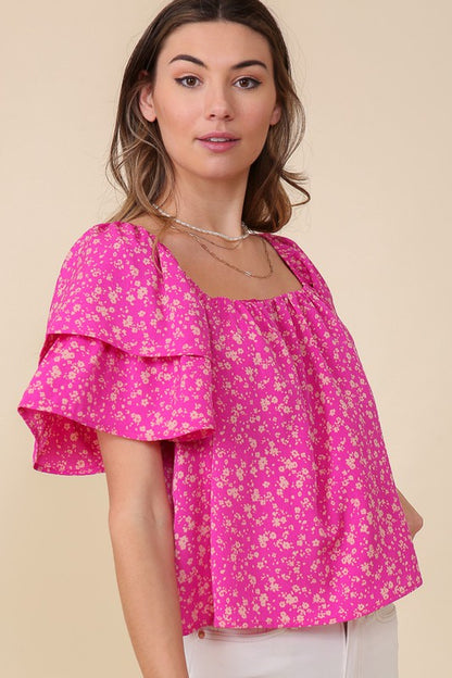 LUMIERE Fuchsia Smocked Square Neck Floral Top with Tie back