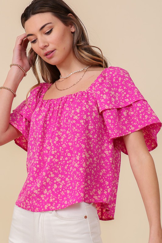 LUMIERE Fuchsia Smocked Square Neck Floral Top with Tie back