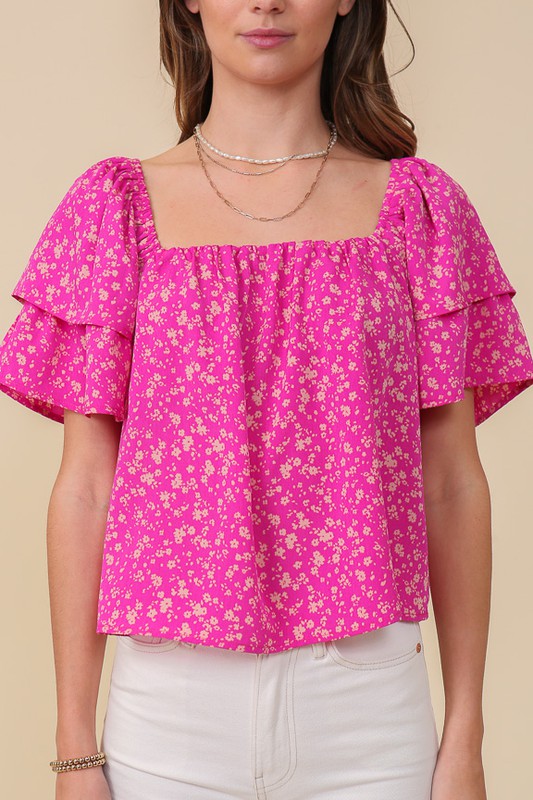 LUMIERE Fuchsia Smocked Square Neck Floral Top with Tie back