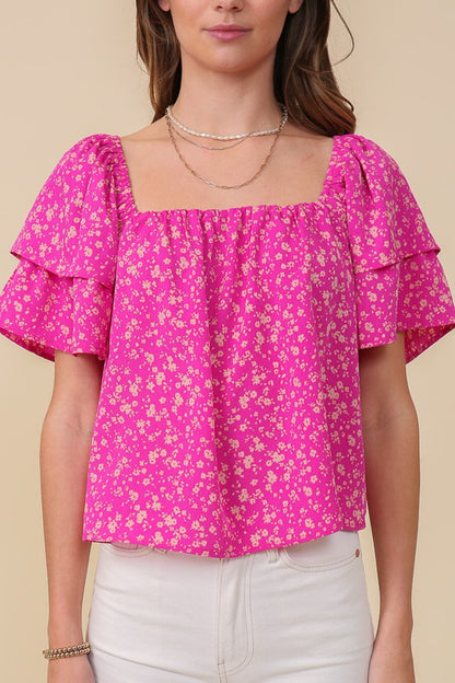 LUMIERE Fuchsia Smocked Square Neck Floral Top with Tie back