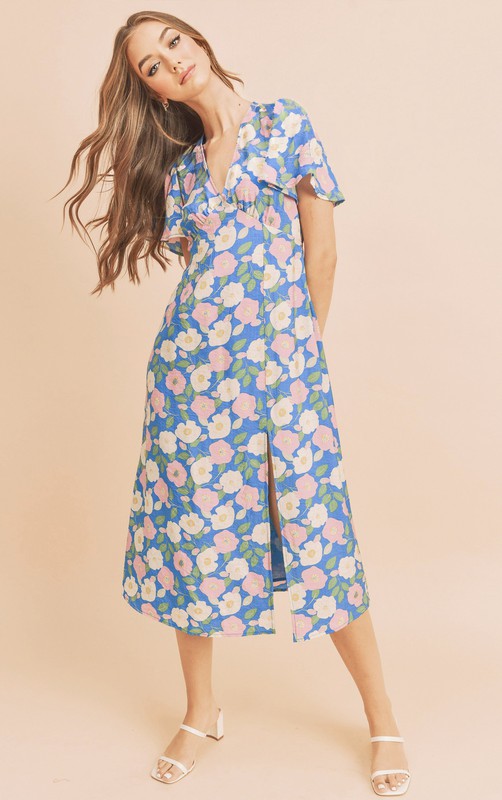 AEMI & Co. Casual Fun Floral Midi Dress with Front Split - Inessa Dress