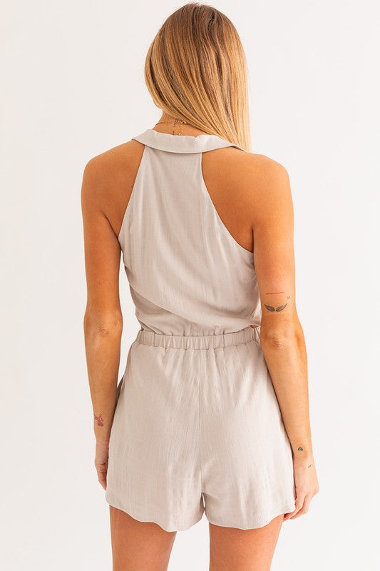 LE LIS Women's Taupe Collared Sleeveless Side Cutout Romper