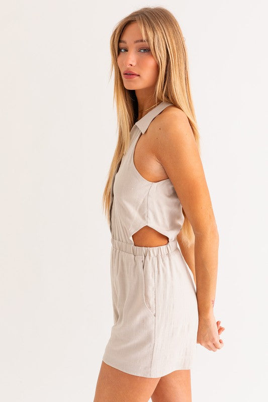 LE LIS Women's Taupe Collared Sleeveless Side Cutout Romper