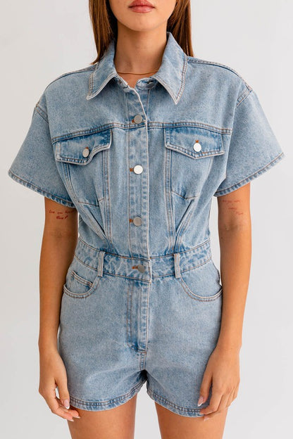 LE LIS Junior Short Sleeve Denim Romper