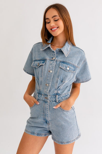 LE LIS Junior Short Sleeve Denim Romper