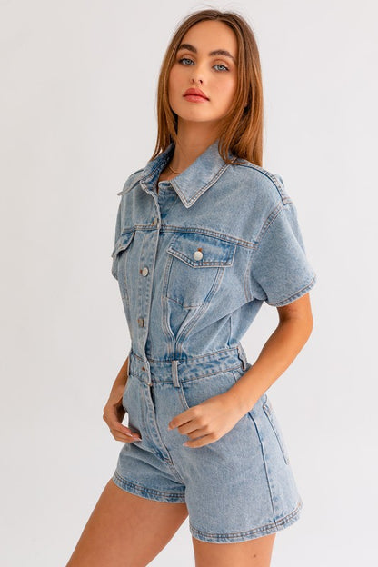 LE LIS Junior Short Sleeve Denim Romper