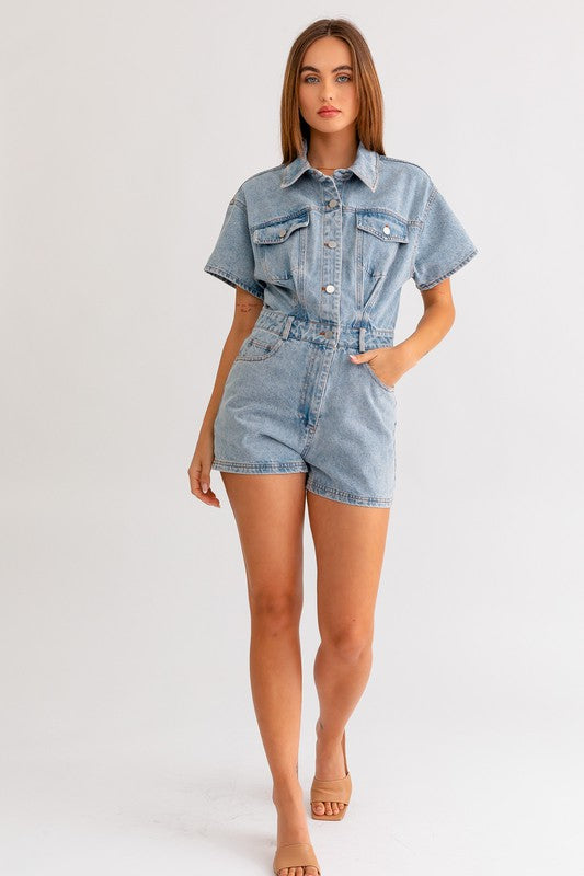 LE LIS Junior Short Sleeve Denim Romper