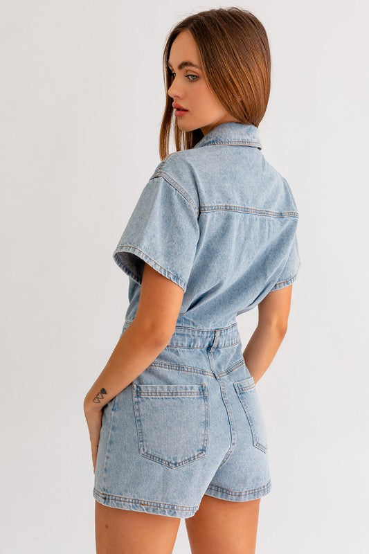 LE LIS Junior Short Sleeve Denim Romper