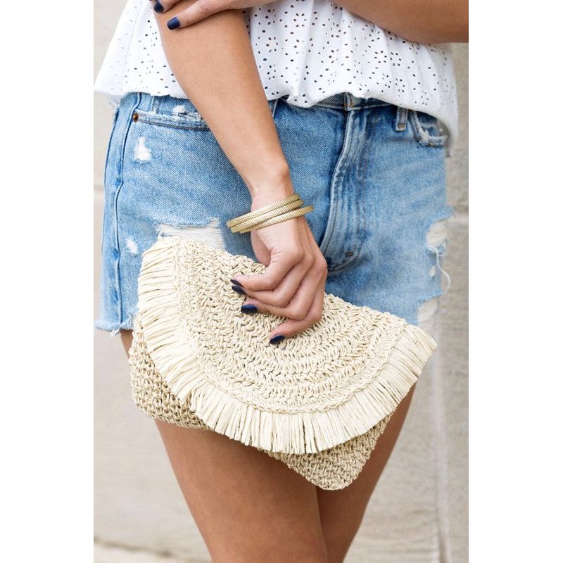 AILI'S CORNER Frayed Fold-over Straw Clutch