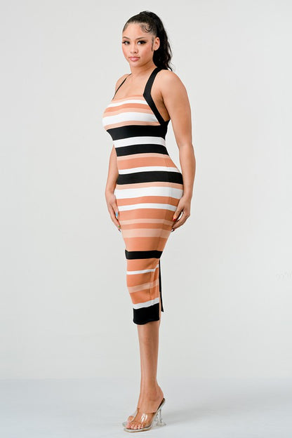 ATHINA Brown Multi-Stripe Bandage Cocktail Dress