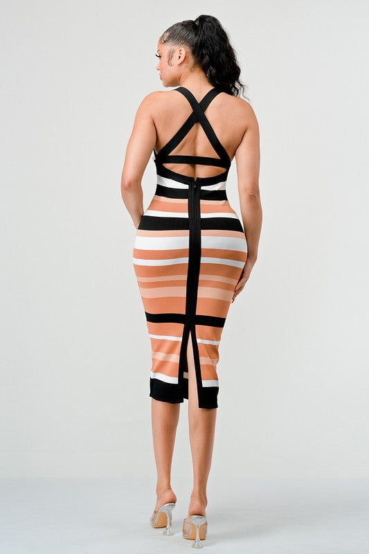 ATHINA Brown Multi-Stripe Bandage Cocktail Dress