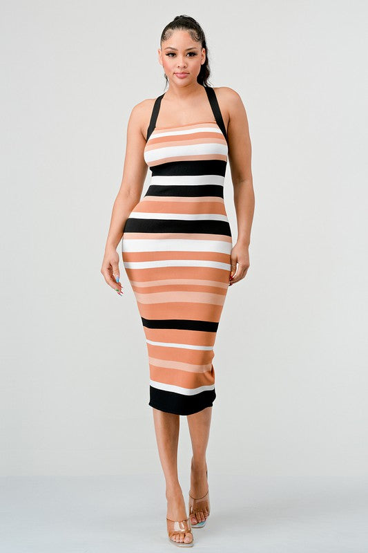 ATHINA Brown Multi-Stripe Bandage Cocktail Dress