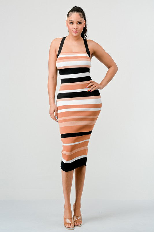 ATHINA Brown Multi-Stripe Bandage Cocktail Dress