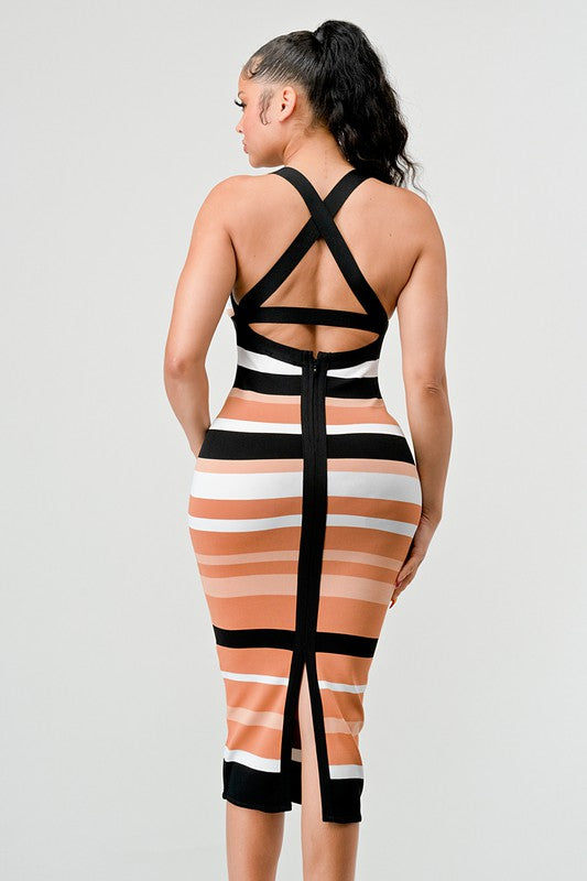 ATHINA Brown Multi-Stripe Bandage Cocktail Dress