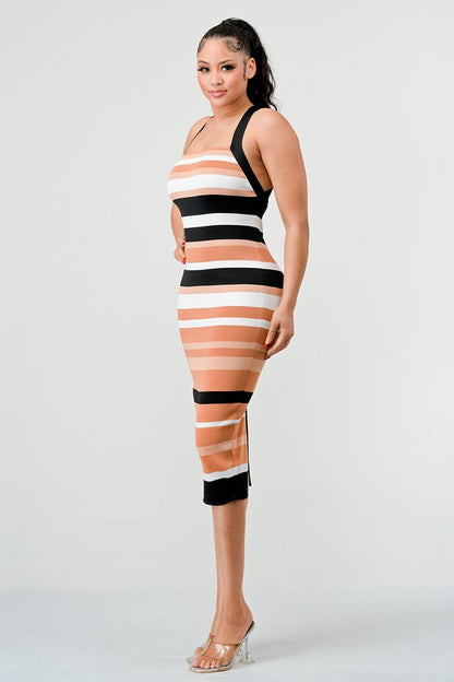 ATHINA Brown Multi-Stripe Bandage Cocktail Dress