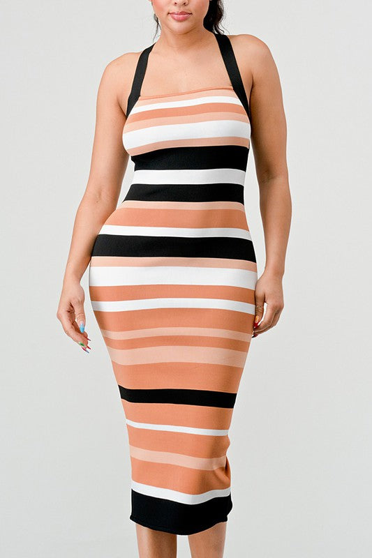 ATHINA Brown Multi-Stripe Bandage Cocktail Dress