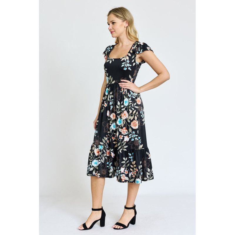 EG FASHION Flutter Sleeve Ditsy Floral Chevron Sundress