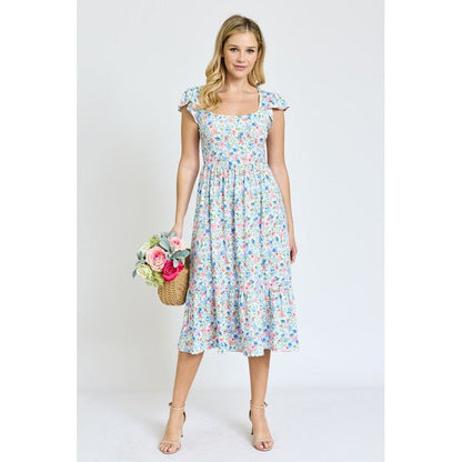 EG FASHION Flutter Sleeve Ditsy Floral Chevron Sundress