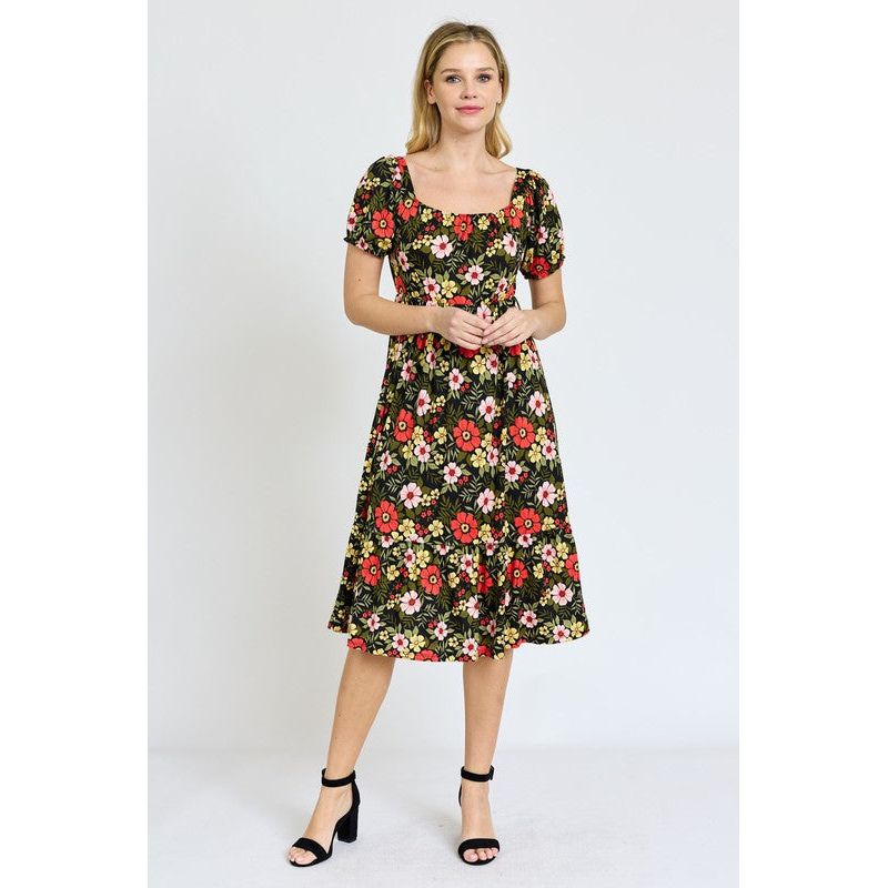 EG FASHION Floral Square Neck Puff Sleeve Boho Dress