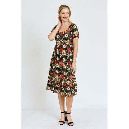 EG FASHION Floral Square Neck Puff Sleeve Boho Dress