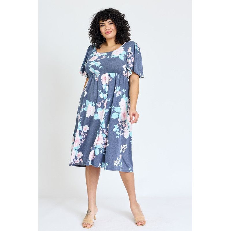 EG FASHION Plus Kimono Sleeve Floral Tea Length Dress