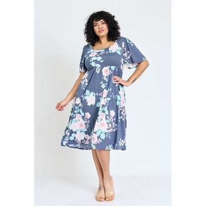 EG FASHION Plus Kimono Sleeve Floral Tea Length Dress