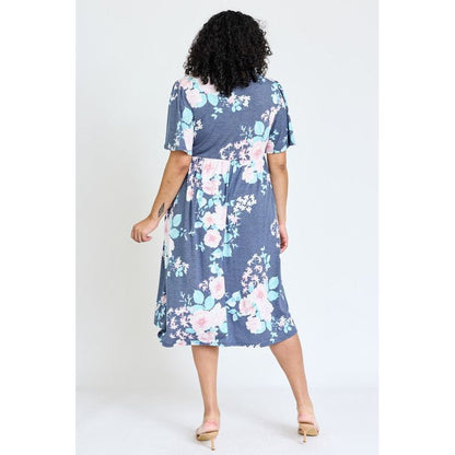 EG FASHION Plus Kimono Sleeve Floral Tea Length Dress