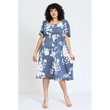 EG FASHION Plus Kimono Sleeve Floral Tea Length Dress