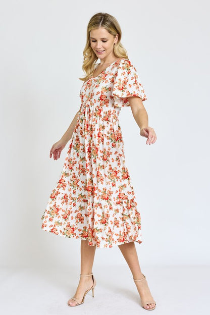 EG FASHION Floral Angel Sleeve Midi Dress