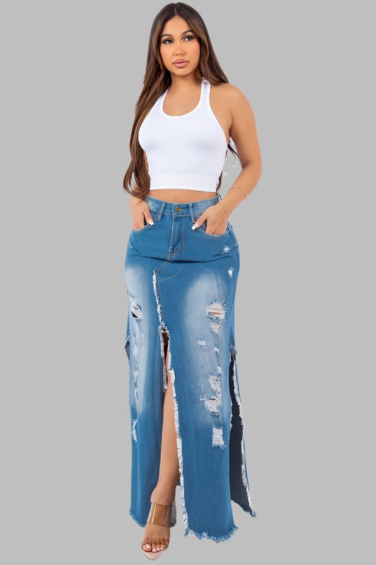 CLAUDE Full Run Split Denim Skirt