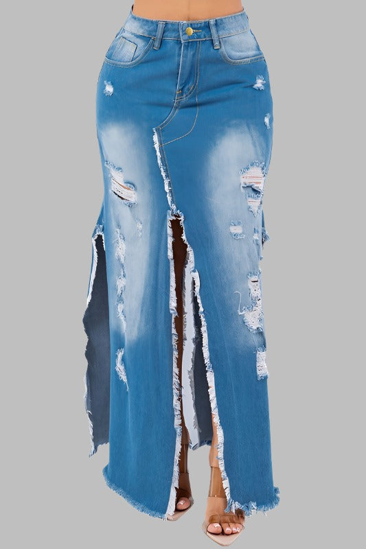 CLAUDE Full Run Split Denim Skirt