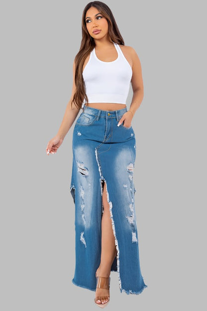 CLAUDE Full Run Split Denim Skirt