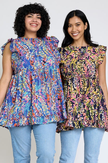 EG FASHION Ruffle Floral Leaf Woven Tunic Top- Up to 3XL