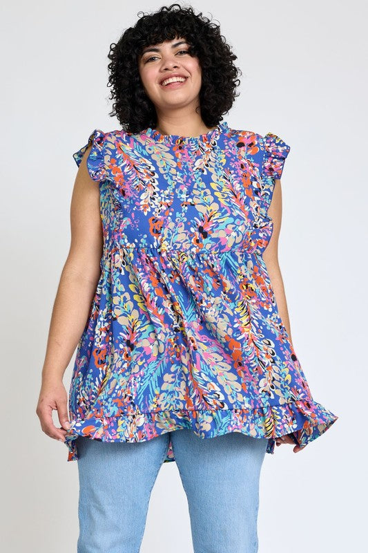 EG FASHION Ruffle Floral Leaf Woven Tunic Top- Up to 3XL