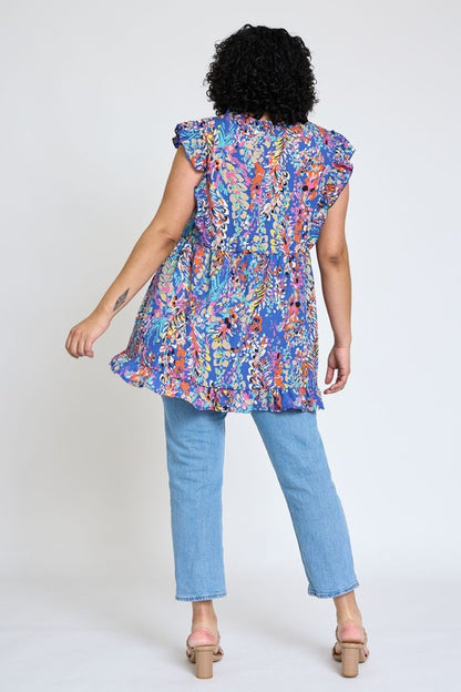 EG FASHION Ruffle Floral Leaf Woven Tunic Top- Up to 3XL