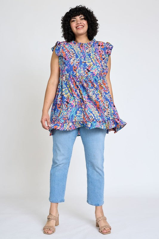 EG FASHION Ruffle Floral Leaf Woven Tunic Top- Up to 3XL