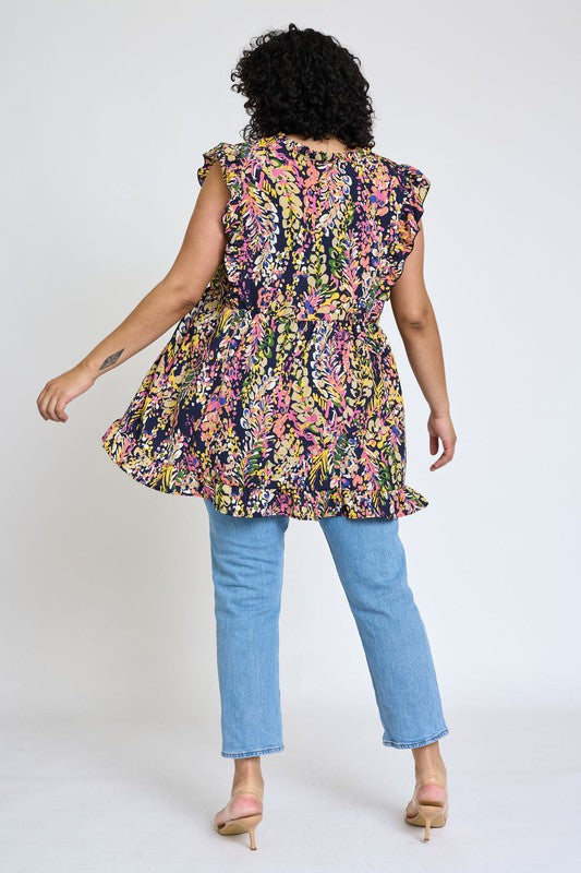 EG FASHION Ruffle Floral Leaf Woven Tunic Top- Up to 3XL