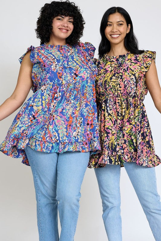 EG FASHION Ruffle Floral Leaf Woven Tunic Top- Up to 3XL